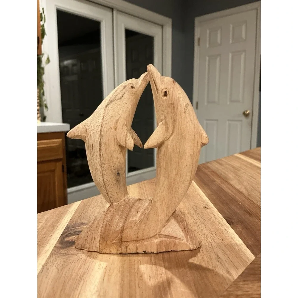 Dolphin Pair‎ Wood Hand Carved Figurine Nautical Coastal Decor